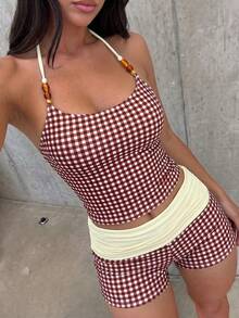 女款比基尼泳衣套裝/休閒外套/Y2K風格/基本款/返校季/女款細肩帶背心/度假海灘穿搭 - 米咖色 - 查看 3