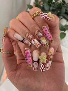 Handmade Press On Nails, 10Pcs 1.3inch Medium Square Acrylic Fake Nails, Luxury Floral & Butterfly Design With Gold Foil, Leopard Print & Rhinestone Accents, Reusable False Nails For Women, Elegant Nail Art - 彩色 - 查看 2