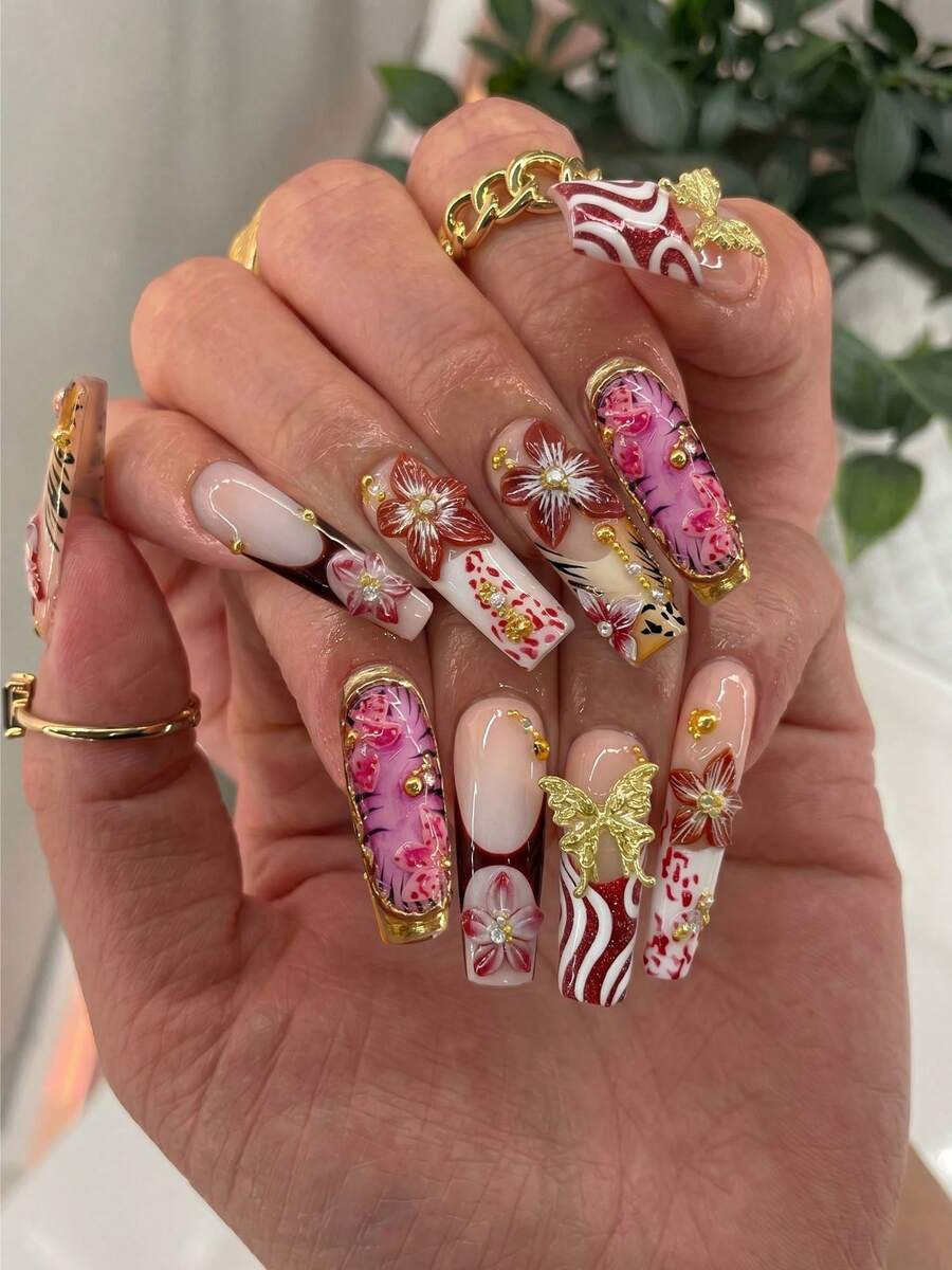 Handmade Press On Nails, 10Pcs 1.3inch Medium Square Acrylic Fake Nails, Luxury Floral & Butterfly Design With Gold Foil, Leopard Print & Rhinestone Accents, Reusable False Nails For Women, Elegant Nail Art - 彩色 - 查看 1