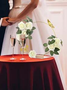 12pcs Wedding Floral Wreath Decoration Kit, Includes Metal Wreath, Wooden Base, Roses, And Artificial Butterflies (Random Design), Suitable For Wedding Tabletop Decorations, Wedding Setups, Party Floral Arrangements, DIY Decorations - One Size Fits All - View 2