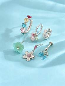 6pcs/Set Colorful Zirconia Flower Earrings & Ear Clips, Fashion Elegant Jewelry Set For Women, Suitable For Party, Holiday, Date Or Wedding - Silver - View 2