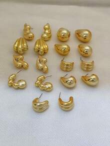 9 Pairs CCB Gold Geometric Earring Set, Hypoallergenic Water Drop Shell Style, Suitable For Daily And Party Outfits - Gold - View 2