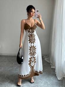 Vestido suelto con escote en V y tirantes finos con estampado - Marrón - Ver 1