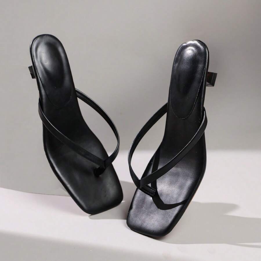 Black & White Minimalist Low Kitten Heel T-Strap Thong Sandals, Square Toe - Black - View 1