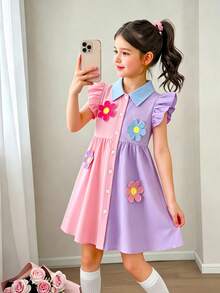Young Girl Pink & Purple Color Block Shirt Dress, Sleeveless, Light Blue Ruffle Collar, 3D Colorful Floral Decor - Pink and Purple - View 8