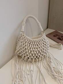 Kleine gewebte Umhängetasche, einzigartige Strandschultertasche, modische Kuvert-Tasche, vielseitige Ins Umhängetasche für den Strandurlaub - Weiss - Übersicht 9
