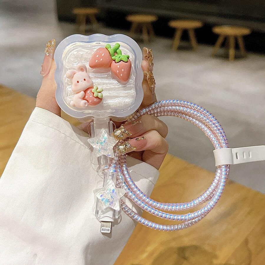 5pcs Cream Glue Cute Cartoon Rabbit 20W UK Plug Charger Protective Case Apple Data Cable Anti-Breakage Cord Wrap Set - Strawberry Bunny - View 1