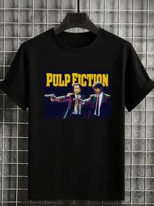 1 pieza, Camiseta de talla grande para hombre inspirada en la película Pulp Fiction, con personajes icónicos en un diseño audaz y colorido, perfecta para los fans del cine clásico y la cultura pop, una declaración de moda y arte vestible para hombres. - Negro - Ver 1