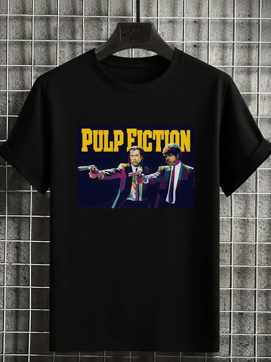 1 pieza, Camiseta de talla grande para hombre inspirada en la película Pulp Fiction, con personajes icónicos en un diseño audaz y colorido, perfecta para los fans del cine clásico y la cultura pop, una declaración de moda y arte vestible para hombres. - Negro - Ver 1