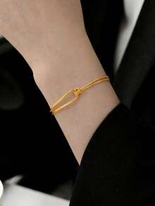 1pc Minimalist Asymmetric Double-Layer Curved Tube & Constellation Charm Chain Bracelet - Yellow Gold - View 3