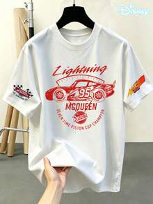 Disney Lightning McQueen 95 Racing Short Sleeve T-Shirt With Double Sleeve Print, Featuring Classic Cartoon Elements From The Racing Movie Combined With Vintage Racing Lines, Classic Painted Flags, And Flame Details, Creating A Speed-Racing-Themed Design. Made From Soft, Breathable, 100% Pure Cotton Fabric, This White, Loose-Fitting T-Shirt Is Perfect For Disney Fans, Racing Enthusiasts, And Students. Ideal For Everyday Commuting, Campus Life, Outdoor Activities, And Themed Parties, This T-Shirt Series Combines Iconic Disney Racing Elements With The Famous Number 95 And Retro Racing Lines, Blending American Street Style With Cartoon Patterns That Are Very Popular With Teenagers And Homebodies. - 白色 - 查看 1