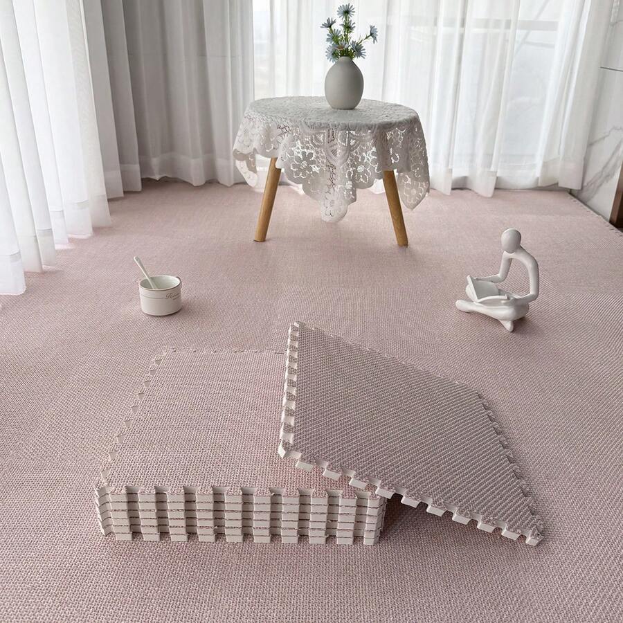 12片/組新款仿劍麻互鎖拼圖地毯磚，120cm*90cm*0.6cm，裝飾性模組化地板墊，輕量可水洗地毯，不掉毛、不褪色，舒適布料，仿劍麻面層搭配EVA底層，可自由裁剪，適用於臥室、客廳、書房、遊戲室及日常居家場景