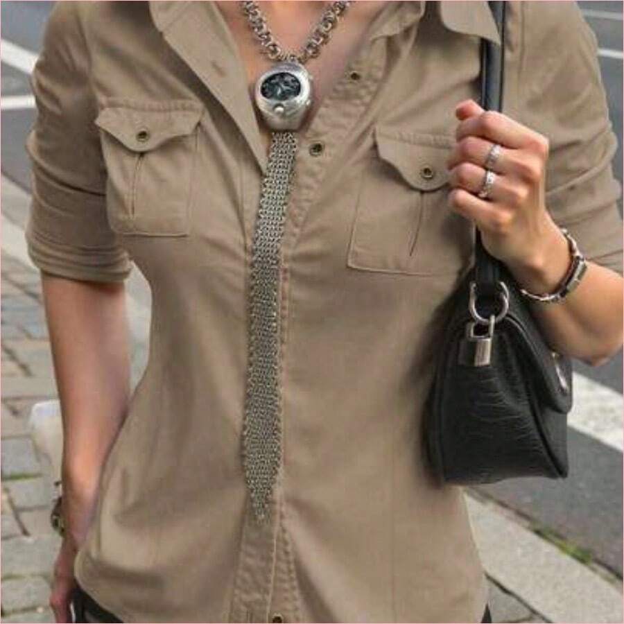 WNS Camisa de manga larga con cintura ceñida y estilo utilitario en color caqui para mujer, casual para exteriores y trayectos, otoño - Marrón Mocha - Ver 1