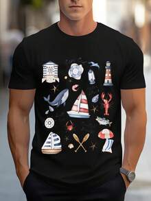 Camiseta de hombre con cuello redondo y diseño temático de playa con elementos creativos del océano. Un imprescindible para ropa casual moderna de exterior, lavable a máquina y versátil para varios atuendos, se envía localmente. - Negro - Ver 1