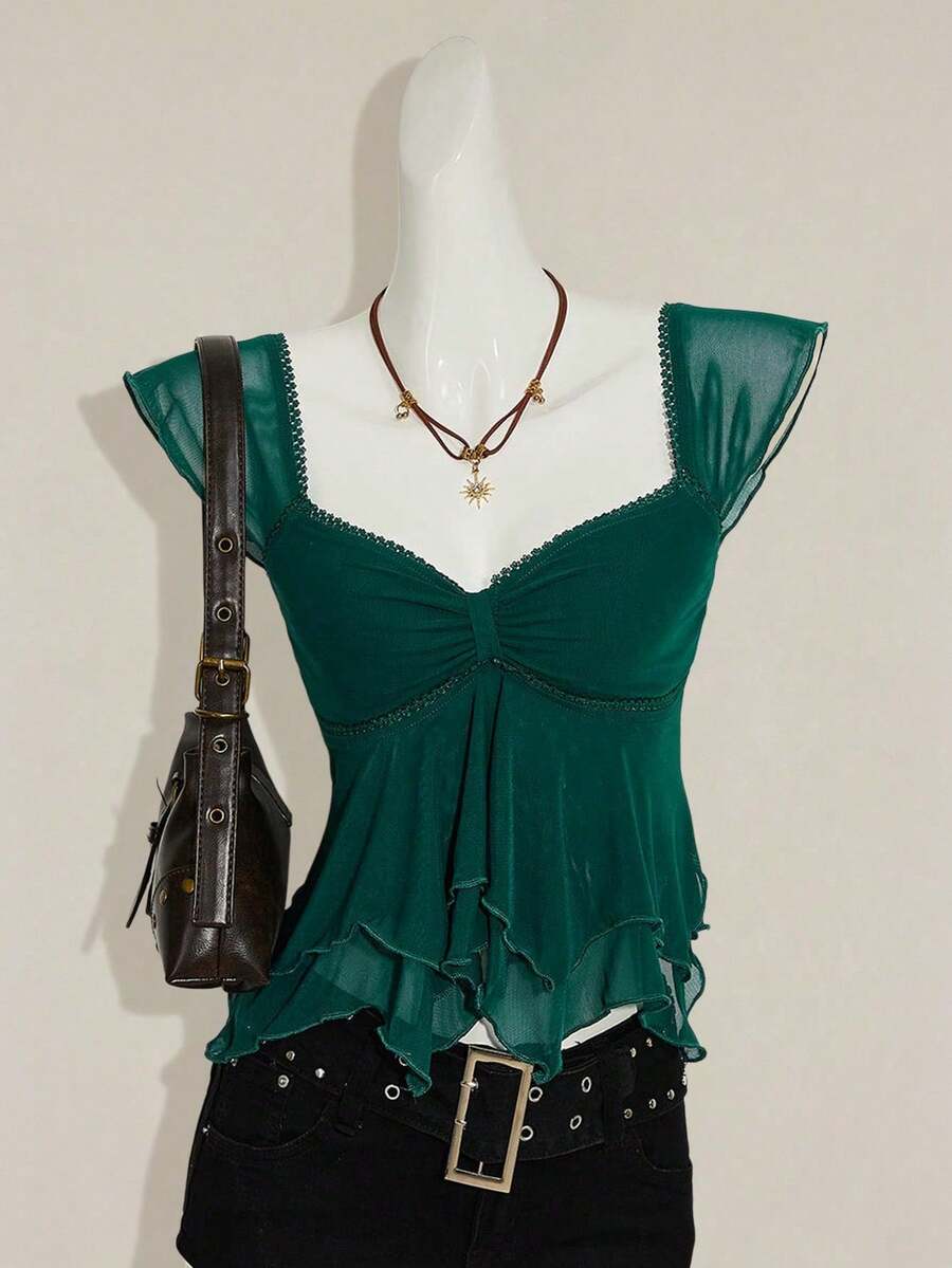 ICON Top tipo camiseta sin mangas para mujer con fruncido delantero, ajuste ceñido, insertos de malla sexy y recorte en la espalda, ideal para uso casual en la playa o de vacaciones - Verde Oscuro - Ver 1