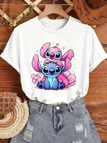 Disney Women's Casual Stitch Stack Tee, Cute Pastel Print, Playful & Whimsical, Perfect For Lilo & Stitch Fans. - White - View 1