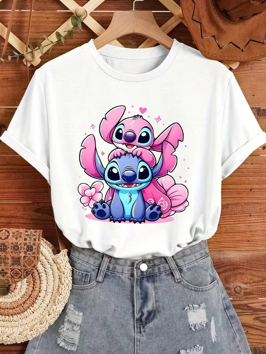 Disney Women's Casual Stitch Stack Tee, Cute Pastel Print, Playful & Whimsical, Perfect For Lilo & Stitch Fans. - White - View 1