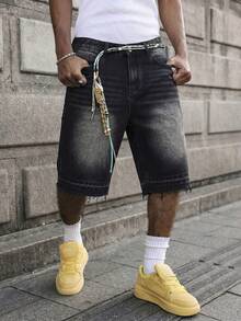 Schlamm-Gelbe Denim-Shorts in Knielänge mit Distressed-Effekt und rohem Saum, Heavy-Wash-Distressed-Verfahren mit natürlicher melierter und verblasster Textur, natürlich verstreutes Design mit rohem Saum, Vintage Street lässig Shorts - Schwarz - Übersicht 2