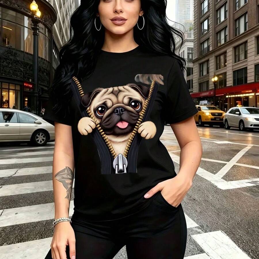 Camiseta de mujer con estampado adorable de pug asomándose tras cremallera y lengua fuera - camiseta casual de manga corta, ajuste cómodo y moderno, estilo urbano divertido - ideal para paseos por la ciudad, salidas con amigas y regalo perfecto para - Negro - Ver 1