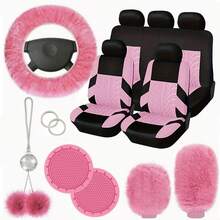 Full Set Women's Universal Car Front And Rear Seat Covers, Fluffy Steering Wheel Cover, Wool Handbrake And Gear Shift Cover, Hanging Accessory Bracket Ring Badge Sticker - Embossing - View 3