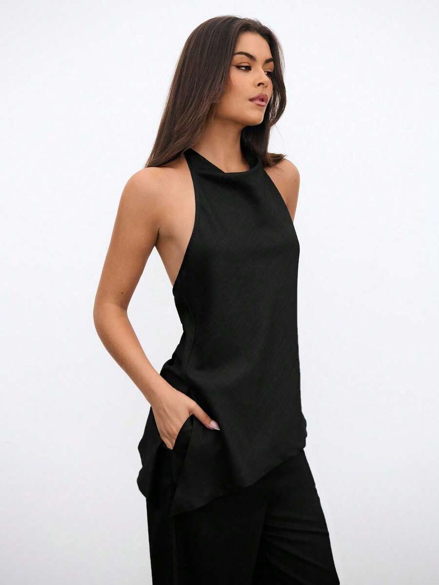 Conjunto de top de cuello de halter y pantalones de aspecto de lino vintage para viajeros - Negro - Ver 1