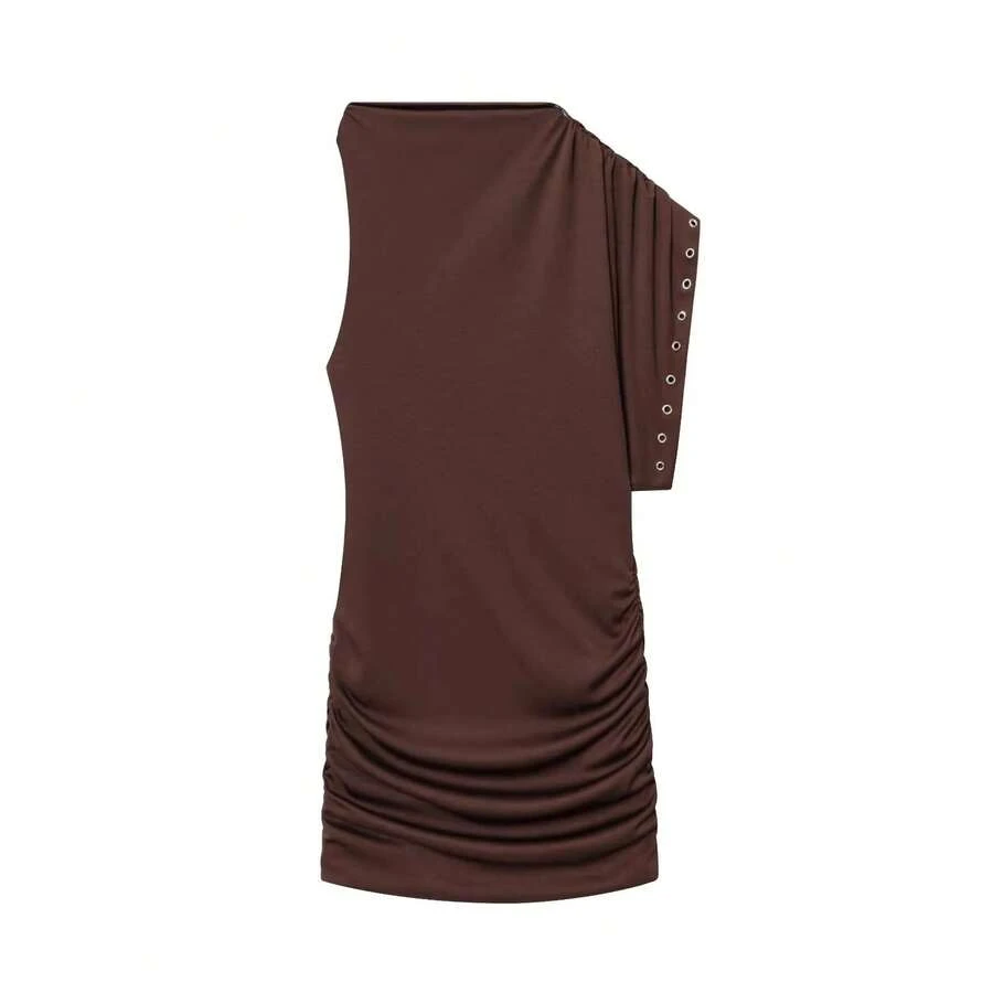 Vestido Recto Asimétrico con Forma de Anillo 2026, Vestido sin Mangas para Mujer, Transpirable y Agradable al Tacto, Fibra de... - Marrón - Ver 1