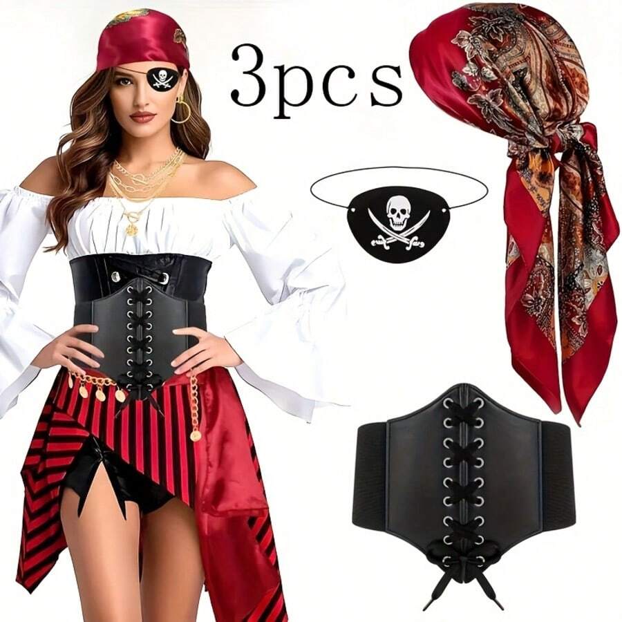 3pcs Women's Pirate Costume Accessory Set, Includes Headscarf, Belt, Eyepatch, Suitable For Party, Halloween Role Play Pirate Costume Props - Multicolor - View 1