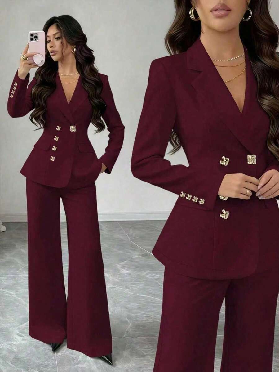Traje de mujer minimalista de estilo francés, de unicolor, con hebilla asimétrica, ajustado, para uso profesional y de viaje - Burdeos - Ver 1