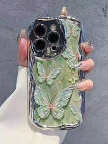 1pc Colorful Green Butterfly Design Phone Case Compatible With Apple 16/15/14 Pro Max, 13/12 Electroplated Mirror - Green - View 3
