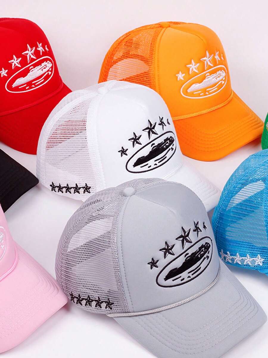 1頂5星太空船圓形Logo刺繡卡車司機帽 男女通用 透氣網眼可調節扣環棒球帽 夏季戶外防曬帽 - 刺繡 - 查看 1