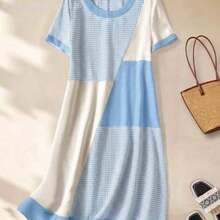 Yunuo Menswear  Vestido casual de fiesta de cuello redondo con bloques de color para mujer - Celeste - Ver 1