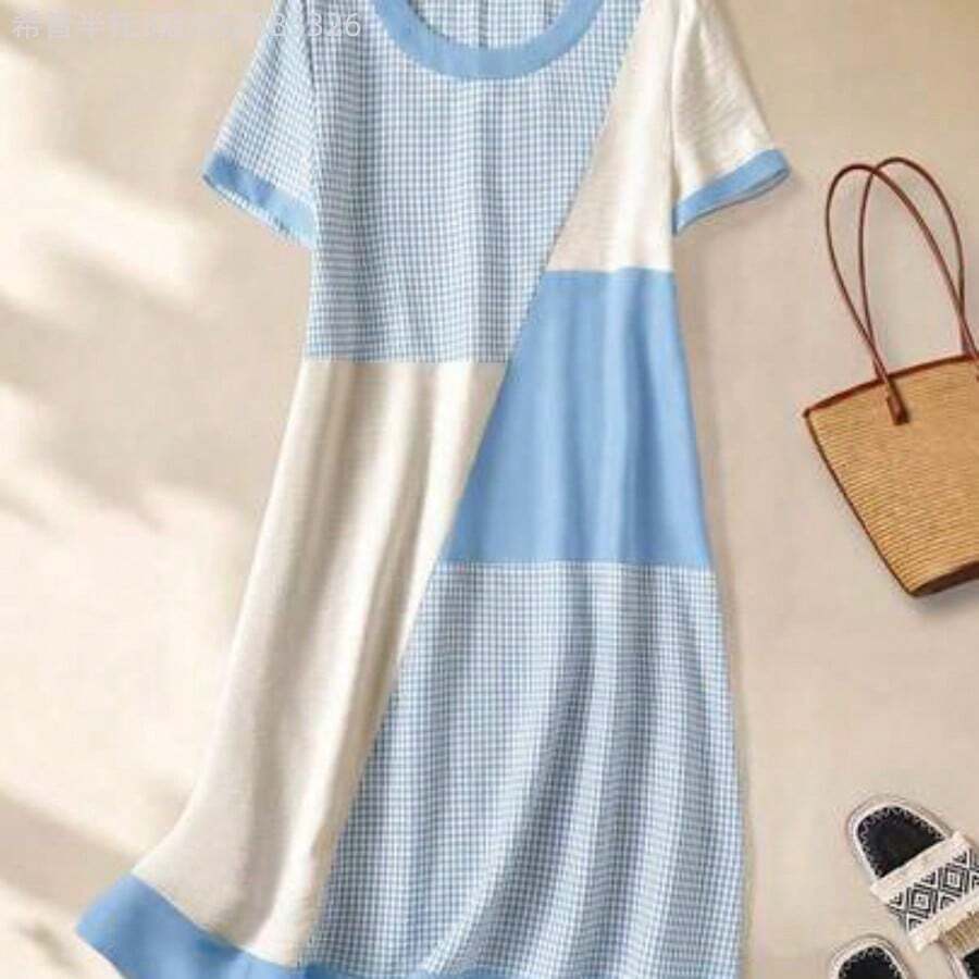 Yunuo Menswear Vestido casual de fiesta de cuello redondo con bloques de color para mujer - Celeste - Ver 1
