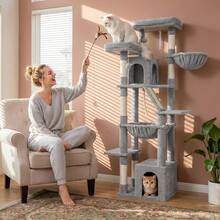 HaluPeit Arbre à chat XL de 185,5 cm de haut, avec deux plateformes d'observation et deux niches ombragées, structure renforcée et stable, idéal pour les chats Maine Coon et convient également à plusieurs chats, gris clair. - Gris pâle - Voir 1