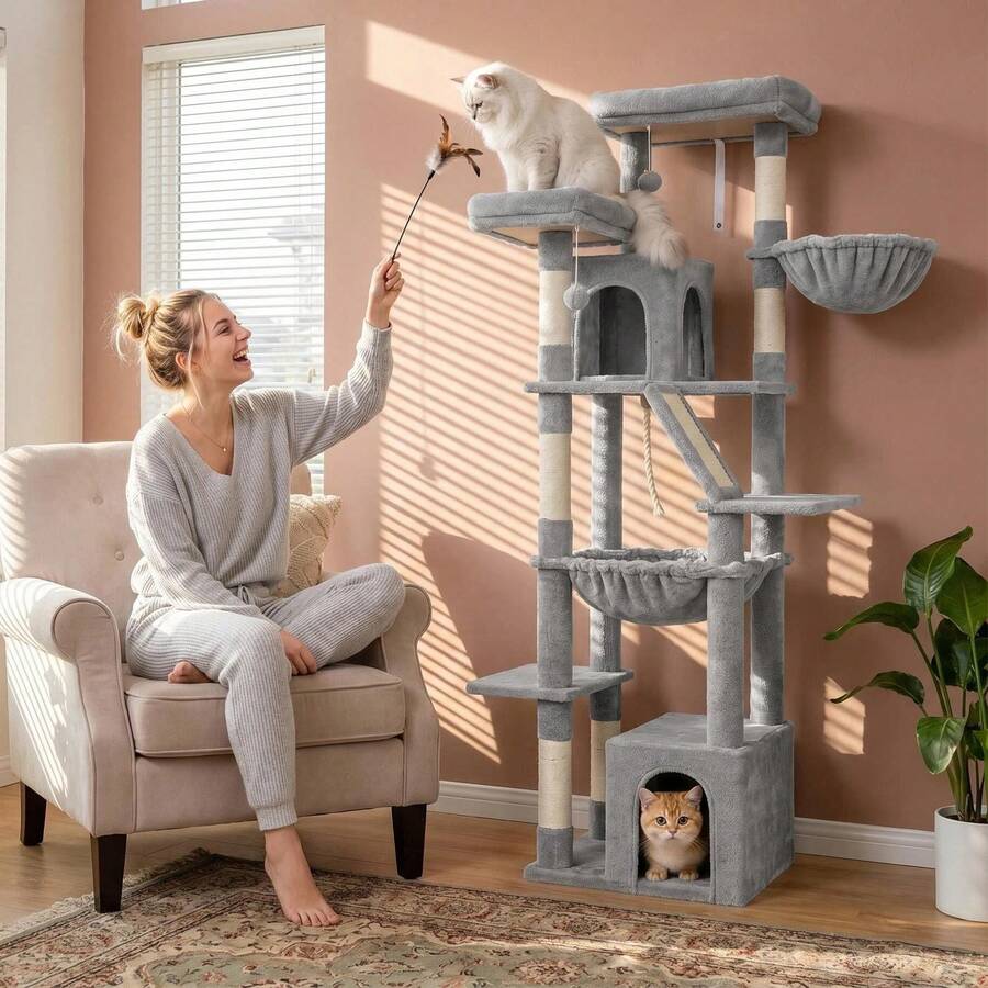 HaluPeit Arbre à chat XL de 185,5 cm de haut, avec deux plateformes d'observation et deux niches ombragées, structure renforcée et stable, idéal pour les chats Maine Coon et convient également à plusieurs chats, gris clair. - Gris pâle - Voir 1