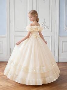 Vestido largo de graduación para niñas preadolescentes sin mangas con organza plisada, lentejuelas y malla, adecuado para la graduación escolar, diadema no incluida - Champán - Ver 4