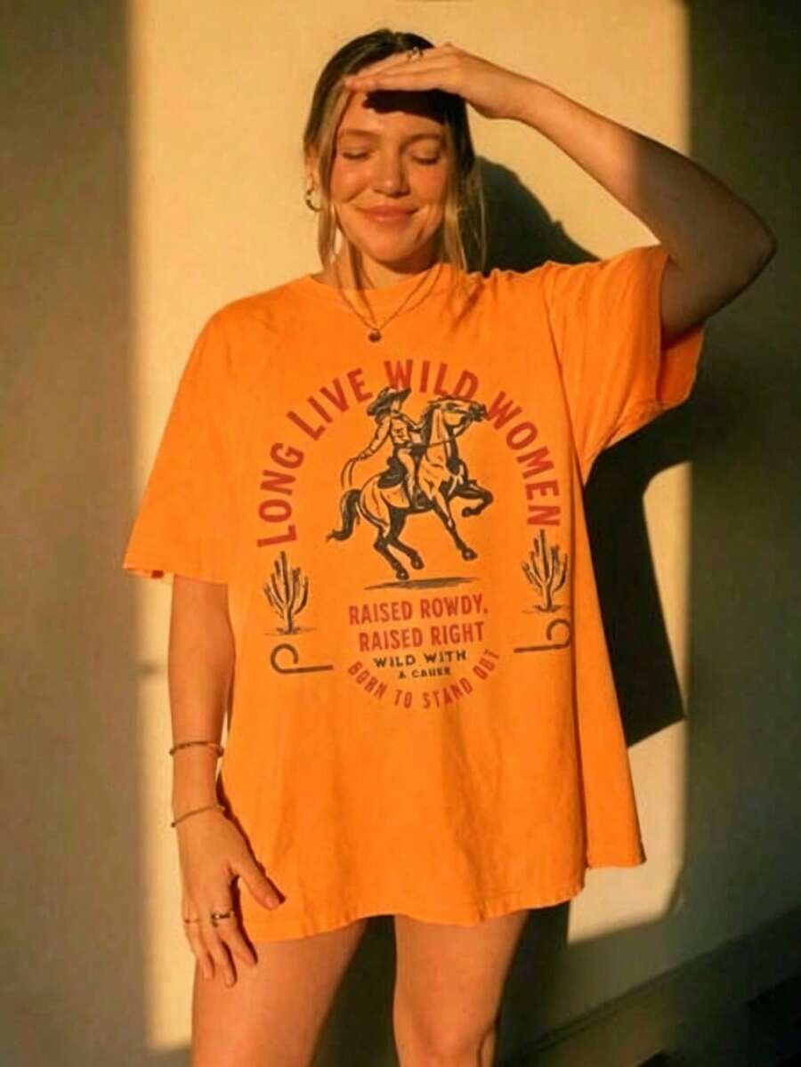 100% Cotton Long-Sleeve Wild Women | Vintage Women's Rights T-Shirt, Western Grunge Cowgirl Style, Resist Graphic, Freedom2026 Tee - Women's Summer Clothing, Y2K Top, Loose Fit R - Orange - View 1