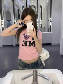 女款心形字母印花修身短袖T恤，夏季美式街頭風時尚上衣，粉色休閒款 - 粉色 - 查看 5