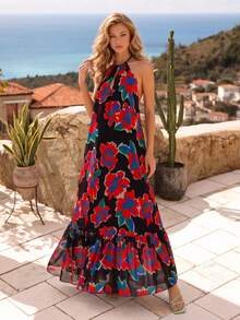 Charming Chiffon Halter Backless Floral Print Ruffle Hem Dress, Suitable For Vacation, Travel, Beach Party Wedding - Black and Red - View 4