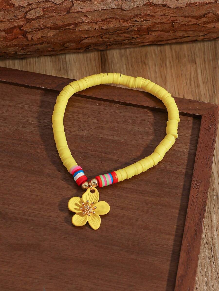 1pc Boho Yellow Flower Charm Anklet, Colorful Beaded Beach Foot Chain, Summer Vacation Ocean Jewelry For Women - Yellow - View 1