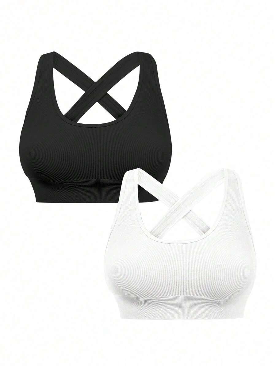 Sujetador deportivo sin costuras de unicolor con espalda cruzada, sujetador deportivo para mujeres - Blanco y Negro - Ver 1