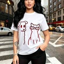 Camiseta de mujer con estampado artístico de dos figuras cartoon estilo perro y gato en línea roja sobre fondo negro - camiseta holgada de cuello redondo, ajuste cómodo y moderno, estilo urbano y desenfadado para la ciudad - ideal para paseos por la - Blanco - Ver 8