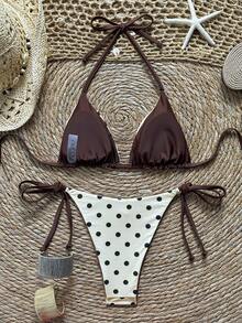 Sweet Polka Dot 2 Pieces Bikini - Classic Black & White Swimwear With Adjustable Ties For Vacation, Beach & Poolside Fun Summer - Khaki - View 6