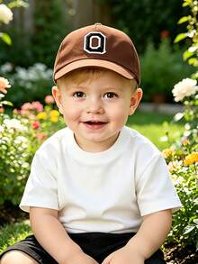 1Pc Kids Coffee Brown Baseball Cap With Letter A-Z Patch Gold Outline, Sun Protection Adjustable Hat For Ages 1-3Y - Brown - View 2