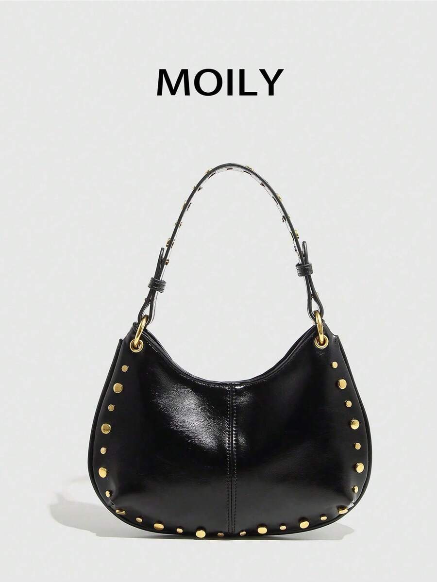 Punk Street Style Rivet Adjustable Strap Women Crossbody Saddle Bag - Black - View 1
