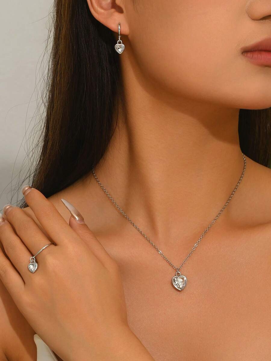 Set de 4 piezas de joyería minimalista de mujer con cristal en forma de corazón: collar, aretes, anillo, versátil para uso diario - Plata-N1053 - Ver 1