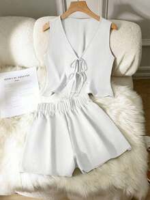 Set de 2 piezas de conjunto informal de mujer de unicolor con nudo, elegante para primavera/verano - Blanco - Ver 1