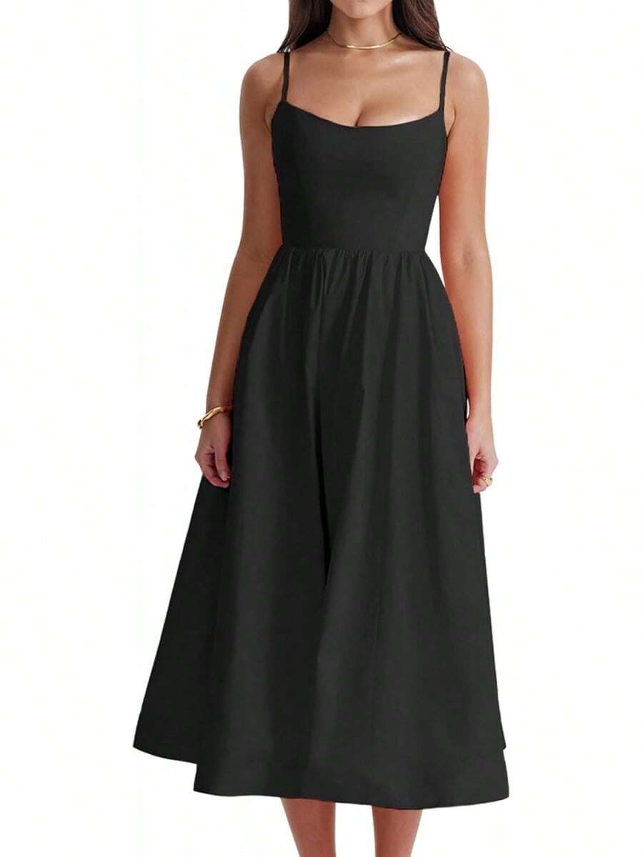 Women's Long Backless Spaghetti Strap Summer Dress - 黑色 - 查看 1