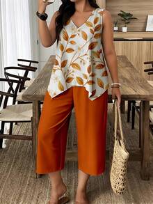 A Set Of Retro Art Style Printed Women Wear, Perfect For Summer Garden Walk, Thoughtful Gift, Leaf Floral Print V-Neck Sleeveless Capri Pants Suit - 彩色 - 查看 1