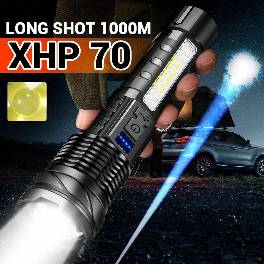 1PC USB Rechargeable Handheld LED Flashlights With COB Work Light, Red-Blue Strobe, 800mAh Lithium Battery, Push Button Control, Portable, Non-Detachable, Semi Flush Mount, Matte Finish - Emergency Light Fixtures For Camping, Fishing, Running, Hiking - Multicolor - View 1
