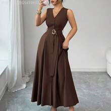 Soqi Women's Clothing  Nuevo cárdigan sin mangas con cuello en V tejido con decoración de anillo de metal para mujer, elegante vestido largo ajustado y versátil - Caqui - Ver 7